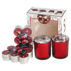 SPAAS 玻璃杯蠟燭2入 小茶蠟24入 餐桌裝飾套組, 紅色, 莓果雞尾酒, 無香