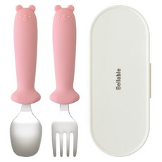 Bellable 小熊矽膠不鏽鋼餐具組, 1套, 勺子+叉子+箱子, 粉紅色