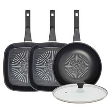 interCOOK 經典平底鍋4件組, 1套, 黑色, 27cm 方形煎鍋 + 27cm 方形煎鍋 + 28cm 中式炒鍋 + 玻璃鍋蓋