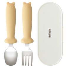 Bellable 小熊矽膠不鏽鋼餐具組, 1套, 勺子+叉子+箱子, 黃色