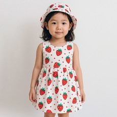 JOYMULTI MK 女童草莓圓點無袖連身裙 + 帽子套組