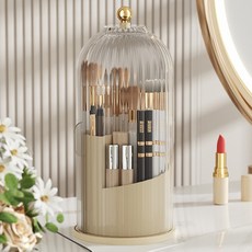 化妝刷收納桶 透明蓋 360度旋轉 多格分層設計, 奶黃色 + 透明色, 1個