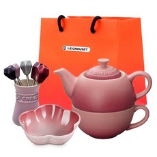 LE CREUSET 單人茶具點心組 + S號提袋, 1套, 單人茶具 + 點心叉組 + 12cm花形盤, 薔薇粉