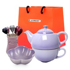 LE CREUSET 單人茶具點心組 + S號提袋, 1套, 單人茶具 + 點心叉組 + 12cm花形盤, 藍鈴紫