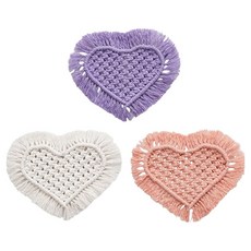 PDS居家裝飾 愛心馬克拉姆手工杯墊 餐桌裝飾等室內裝飾小物 3件組, 1套, 紫色, 白色, 粉紅色