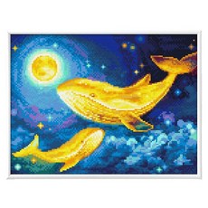 Blingbling 寶石十字繡薄框套裝 AB鑽 + 圓形鑽套組 30 x 40 cm, 1套, BL3040-054 夢想的金光鯨魚