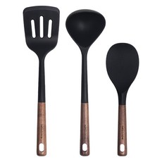 bella cuisine 胡桃木矽膠廚具3件組, 1套, 黑色, 飯勺 + 濾油鍋鏟 + 湯勺