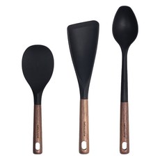 bella cuisine 胡桃木矽膠烹飪用具廚房工具3件組, 1套, 黑色, 飯勺 + 料理匙 + 拌炒匙