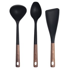 bella cuisine 胡桃木紋矽膠廚具3件組, 1套, 黑色, 湯勺 + 料理匙 + 拌炒匙