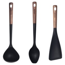 vivenzadi 黑胡桃木矽膠廚具3件組, 1套, 黑色, 湯勺 + 料理匙 + 拌炒匙