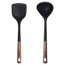 vivenzadi 胡桃木矽膠烹飪工具2件組, 1套, 黑色, 煎鏟 + 湯勺