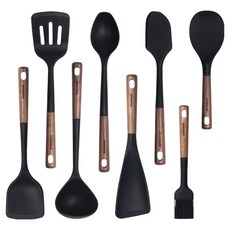 vivenzadi 黑胡桃木矽膠廚房用具8件組, 1套, 烹飪用具8件組, 黑色