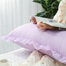 Danjam 泡泡紗涼爽靠背墊 + 枕套含棉芯 大荷葉邊款, 素色薰衣草紫