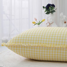 Danjam 泡泡紗涼感靠墊 + 枕套含棉芯 大型荷葉邊款, 格紋黃
