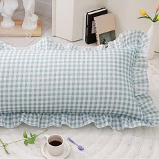 Danjam 泡泡紗涼爽靠背墊 + 枕套含棉芯 大荷葉邊款, 格紋薄荷