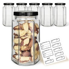 Mirkorea 六角玻璃密封罐 320 黑色 x 6入 + 標籤貼紙 x 8入 套組, 300ml, 1套