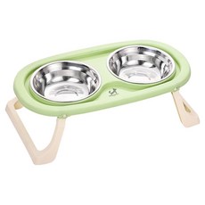 DING DONG PET 寵物立式可折疊雙碗不鏽鋼餐具 2口, 1個, 綠色