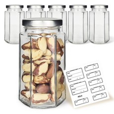 mir 玻璃六角密封罐 320 銀色 x 6入 + 命名貼紙 x 8張 套組, 300ml, 1組