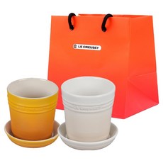 LE CREUSET 香草花盆 2件組 + S號購物袋, 1套, 花蜜黃, 蛋白霜白