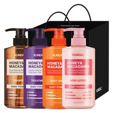 KUNDAL 昆黛爾 洗髮精 500ml + 護髮素 500ml + 沐浴乳 500ml + 身體乳 500ml 4入禮盒組 C 嬰兒爽身粉 + 黑色提袋, 1套