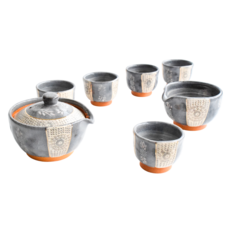 佐和陶瓷國際有限公司 黑志野印華茶具組 日本製, 壺11 x 10.5 x 8cm + 茶海10 x 9 x 6cm + 杯7 x 5cm 5個, 黑色, 1組