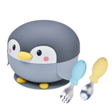 KOM 海洋歷險趣 不鏽鋼兒童矽膠學習餐具附飛魚叉匙組, 酷酷灰, 1組