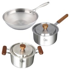 Livingglory 電磁爐適用五層中式炒鍋 24cm + 三層單柄鍋 18cm + 雙耳鍋 18cm 套組, 銀色, 1套, 中式炒鍋 24cm + 單柄鍋 18cm + 雙耳鍋 18cm