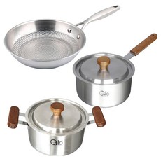 Livingglory 電磁爐用全五層平底鍋 28cm + 全三層單柄鍋 18cm + 全三層雙耳鍋 20cm 套組, 銀色, 1套, 平底鍋 28cm + 單柄鍋 18cm + 雙耳鍋 20cm