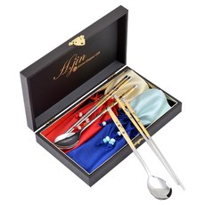 H.Jin 鑲嵌端雅梅花金湯匙筷2入組, 湯匙 2p + 筷子 2p + 收納盒 + 包裝, 1套, 銀色 + 金色(湯匙筷子), 隨機出貨(購物袋, 包裝)