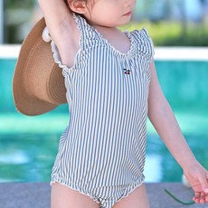 우주아이 여아용 마린블루 원피스 수영복 + 수영모 세트