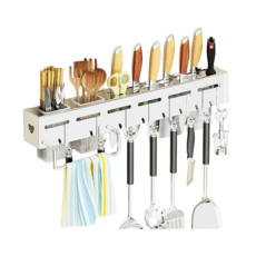 Cooksy 免釘壁掛式不鏽鋼刀架 50cm刀具架 刀具筷子收納架 雙筷筒 + 8掛鉤 + 掛桿架 50 x 7.4 x 5.5cm, 1個, 銀色