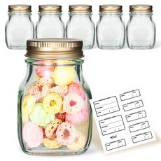 미르코리아 유리병 밀폐용기 사각K 200ml 골드 6p + 네이밍 스티커 8p 세트, 1세트