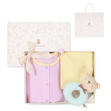 ORGANICMOM 嬰幼兒Bobo長袖連身衣 + 帽子 MISLQS04 + 迷你Wonny圓形搖鈴 MKR7NM02 彌月禮盒 + 購物袋