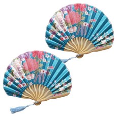 便攜式花朵摺疊扇, 2個, 天藍色