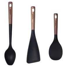 vivenzadi 核桃木矽膠烹飪廚具3件組, 1套, 黑色, 飯勺 + 料理匙 + 炒匙