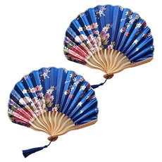 便攜式花朵摺疊扇, 2個, 藍色