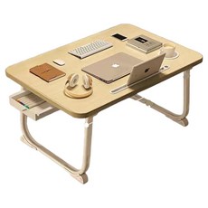 Maripore床邊桌折疊式筆電桌學生用讀書桌杯架卡槽抽屜床托盤 60*40cm, 白楓