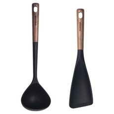vivenzadi 黑胡桃木矽膠廚具2件組, 1套, 黑色, 湯勺 + 炒勺