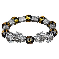 Apick 貔貅黑曜石 唵嘛呢叭咪吽手鍊 雙貔貅金粉圓珠 12mm, 1個, 混色