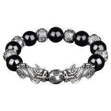 Eopik 貔貅黑曜石唵嘛呢叭咪吽手鍊 雙貔貅如意珠 珠子 12mm, 1個, 混合色