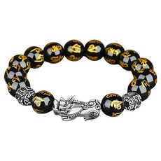 Apick 貔貅黑曜石唵嘛呢叭咪吽手鍊 單貔貅金粉串珠 12mm, 1個, 混合顏色