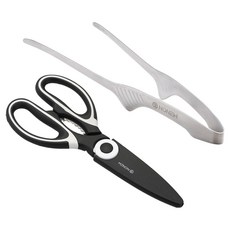 노뉴 캠핑주방 스테인리스 다용도 가위 + 핀셋형 요리집게 세트, 블랙 + 화이트(가위), 실버(요리집게), 1세트