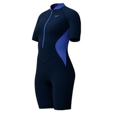 speedo 女款五分長前拉鍊短袖亞洲版型 8-00325215334, BLUE