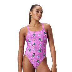 speedo 女性 Hula Palm 連身星形美背泳衣 8-1284218200, 粉紅色 + 紫色 + 綠色