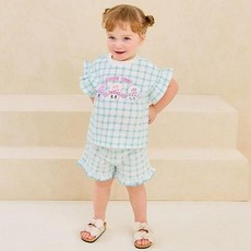 milkmile 女童透氣Esther Bunny Love You格紋荷葉邊上下裝套組