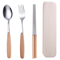 JAR嚴選 410不鏽鋼環保無毒攜帶式木質餐具組3件組 附翻蓋式收納盒, 勺子 + 叉子 + 叉子, 單一顏色, 1組