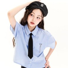 applepink 女童條紋領帶短版襯衫 U361