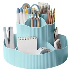 굄스 대용량 회전 데스크탑 연필꽂이 19.5 x 19.5 x 13.8 cm, 블루, 1개
