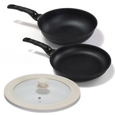 Kitchen-Art Giant Black Edition 平底鍋3件組, 1套, 象牙白(鍋蓋), 平底鍋 + 深炒鍋 + 矽膠多功能鍋蓋