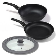 Kitchen-Art Giant 黑色版平底鍋3件組, 1套, 灰色(鍋蓋), 平底鍋 + 中式炒鍋 + 矽膠多功能鍋蓋